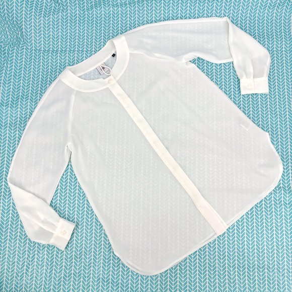 Cabi Tuxedo Blouse # 3421, White Semi-Sheer Long Sleeve with Black Tie, Small - Picture 2 of 16